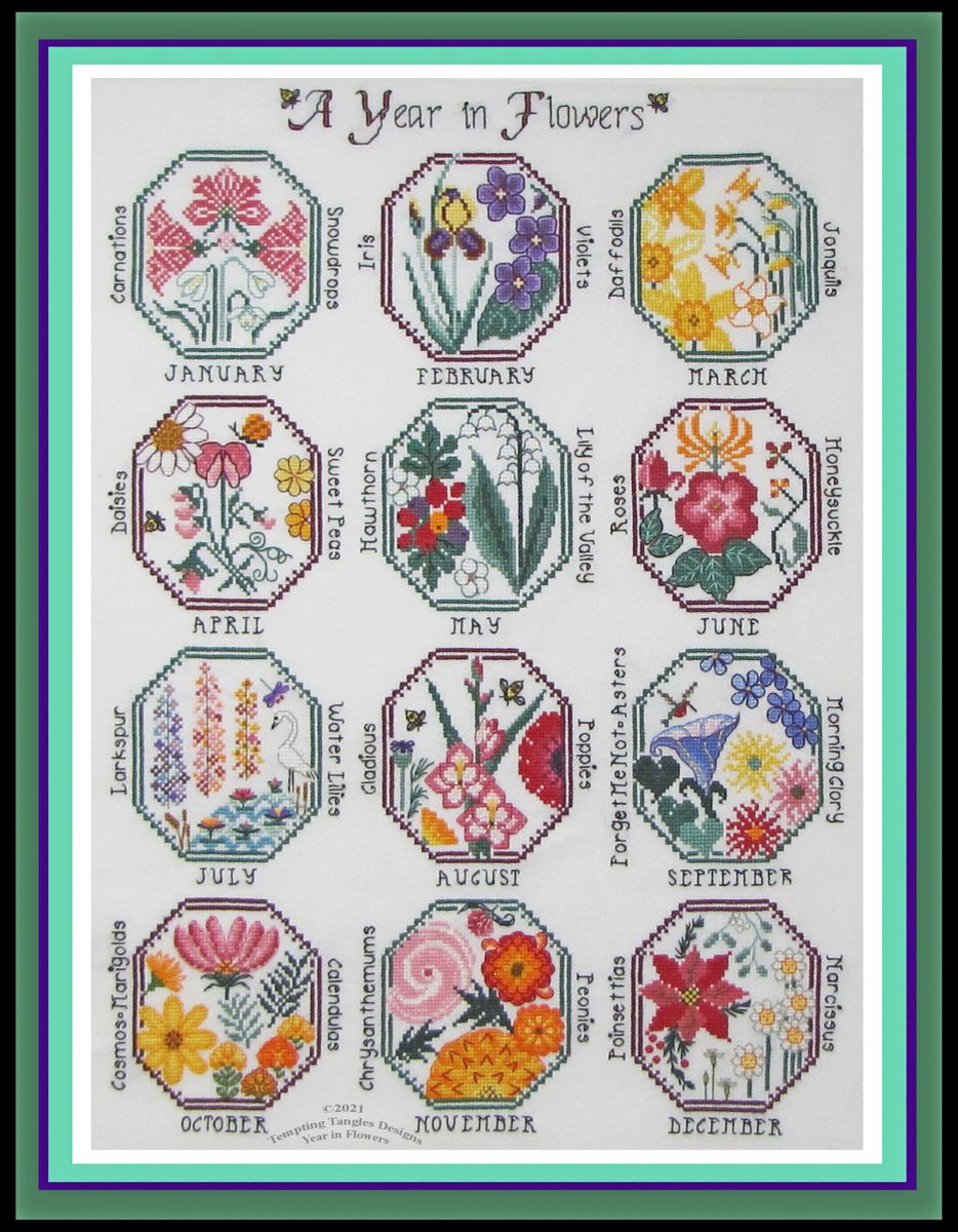 A Year in Flowers, Birth Flowers Sampler by Tempting Tangles Designs